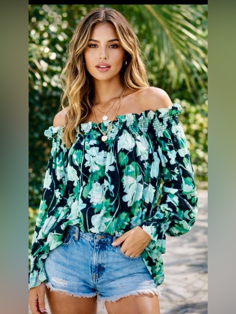 Christy‎ Lynn Boho Ruffle Mint & Black Regina Off-Shoulder Blouse L Tropical